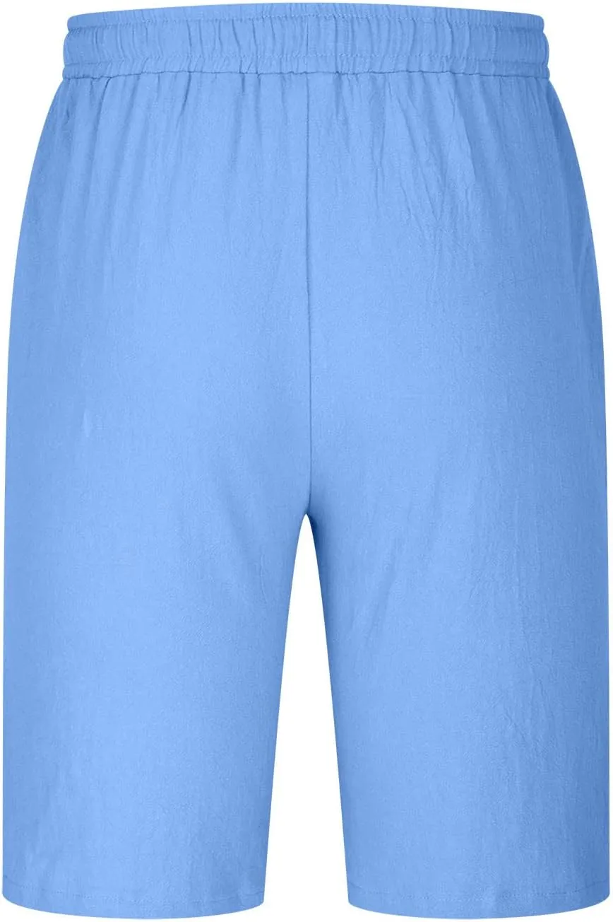 Men Linen Shorts Casual Elastic Waist Drawstring Cotton Linen Summer Beach Shorts with Pockets Loose Outdoor Shorts