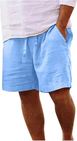 Men Linen Shorts Casual Elastic Waist Drawstring Cotton Linen Summer Beach Shorts with Pockets Loose Outdoor Shorts