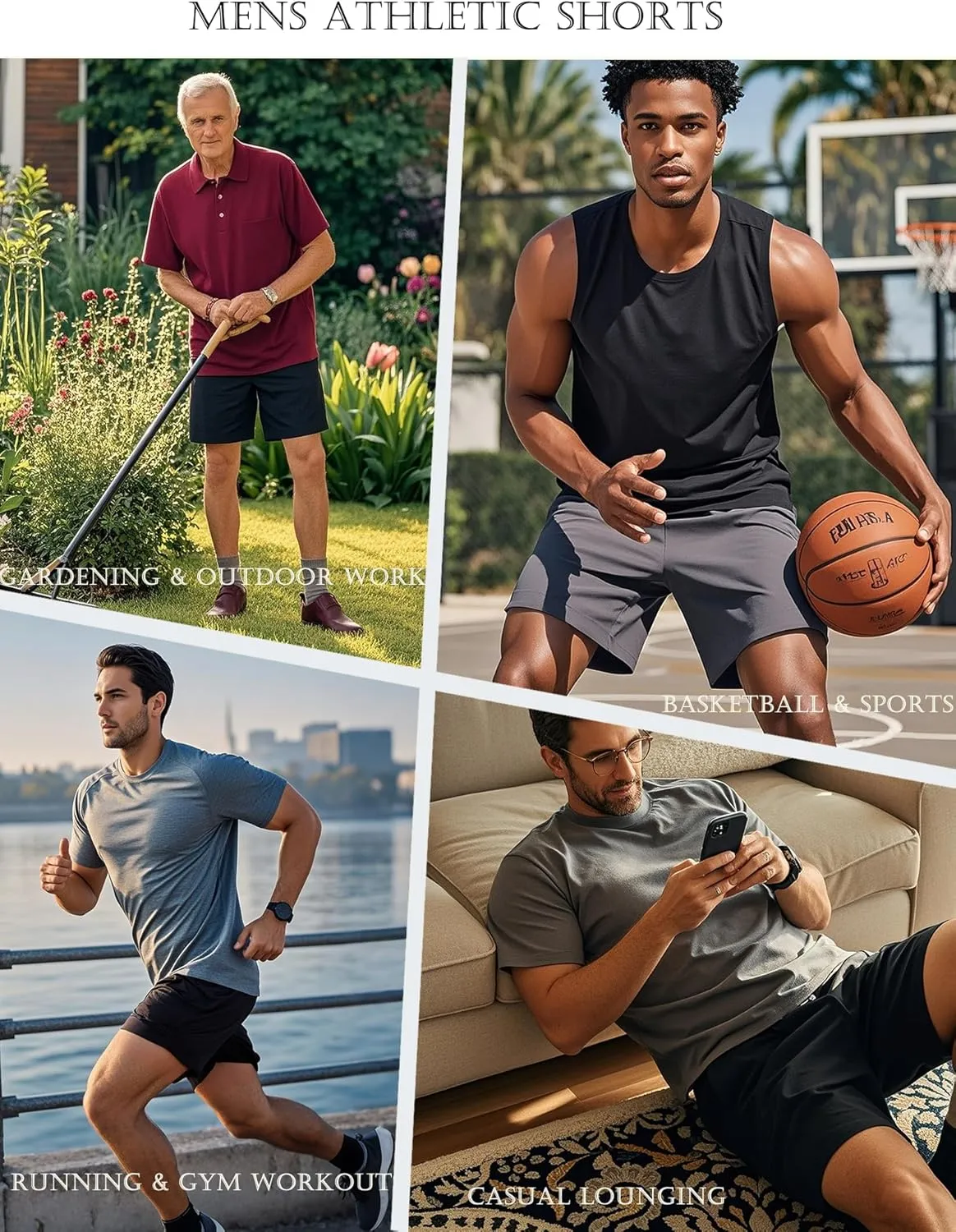 Men's Athletic Shorts Secure Pockets Gym Running Basketball Workout Elastic Waistband Quick Dry Activewear