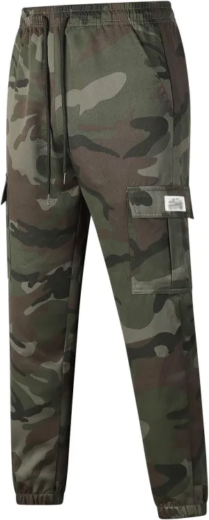 Men's Camo Cargo Pants Military Combat Hiking Sweatpants Outdoor Loose Fit Drawstring Pants for Travel Running Golf