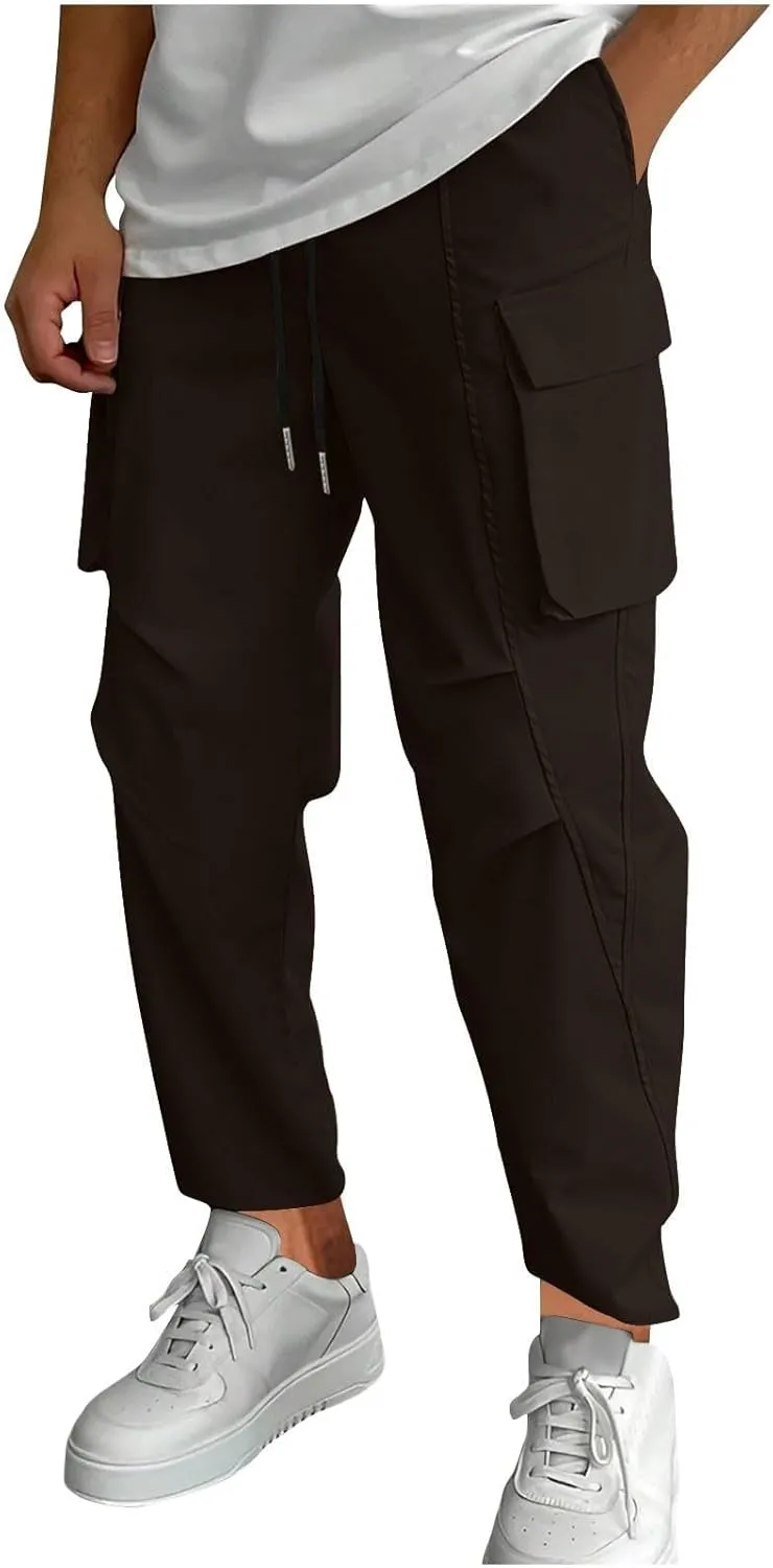 Mens Cargo Pants Relaxed Fit Camping Outdoor Drawstring Trousers for Men Travel Athletic Tapered Joggers