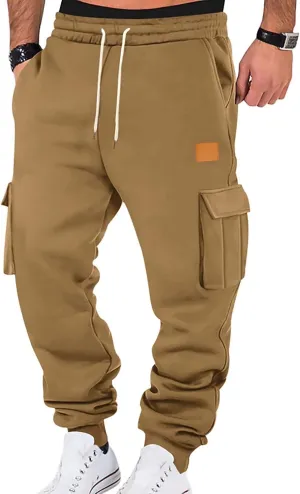 Mens Cargo Sweatpants Athletic Elastic Waist Pants with Pockets Baggy Drawstring Jogger Pant Workout Trousers