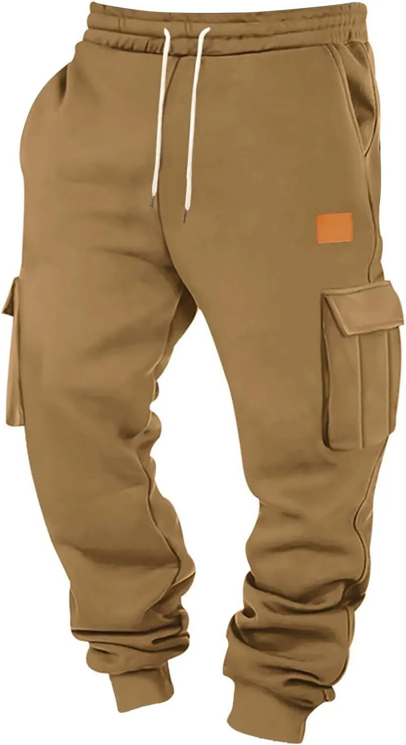 Mens Cargo Sweatpants Athletic Elastic Waist Pants with Pockets Baggy Drawstring Jogger Pant Workout Trousers