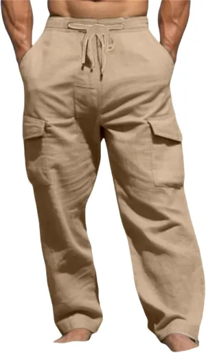 Men's Casual Cargo Pants Elastic Waist Drawstring Baggy Workout Joggers Sweatpants with Side Pockets