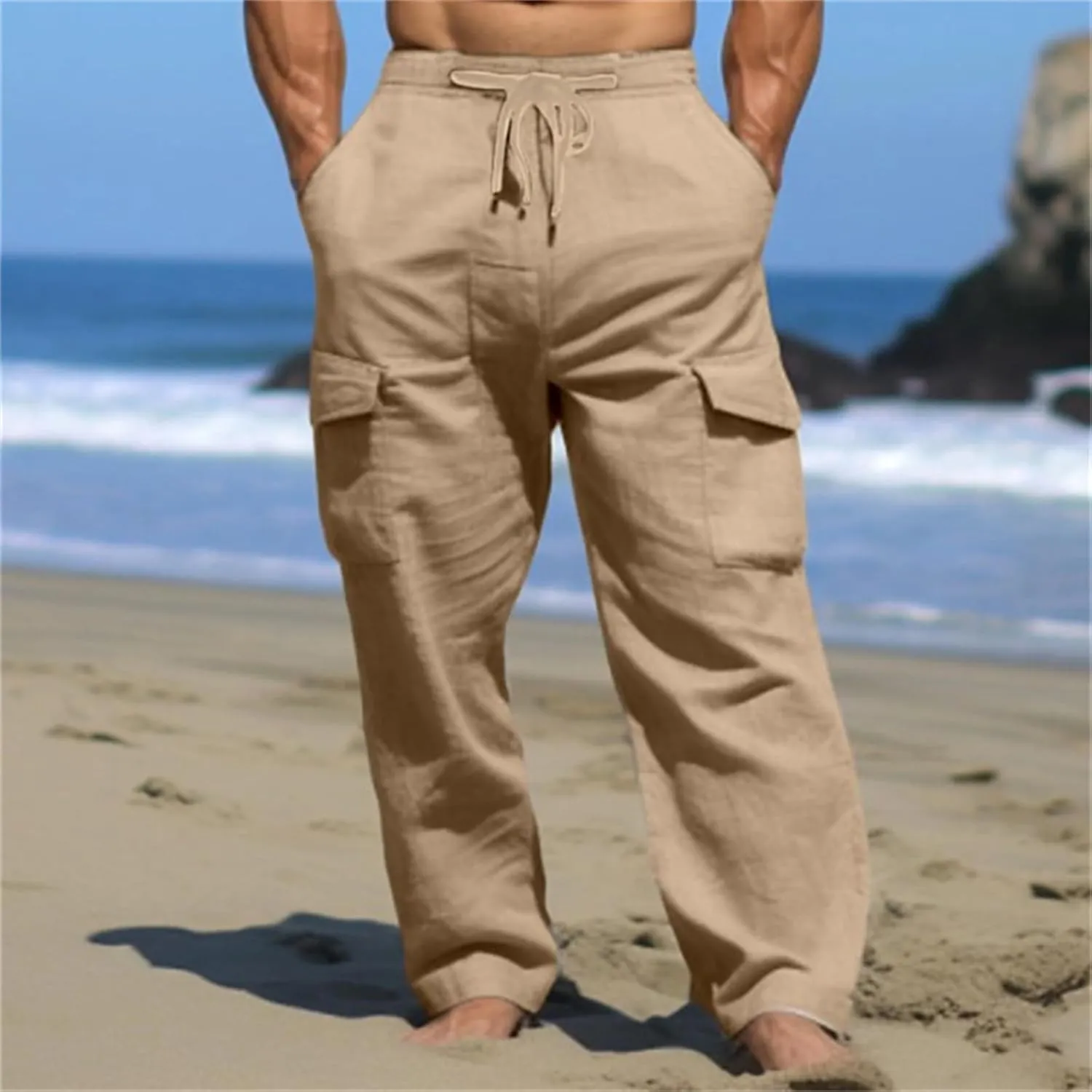 Men's Casual Cargo Pants Elastic Waist Drawstring Baggy Workout Joggers Sweatpants with Side Pockets