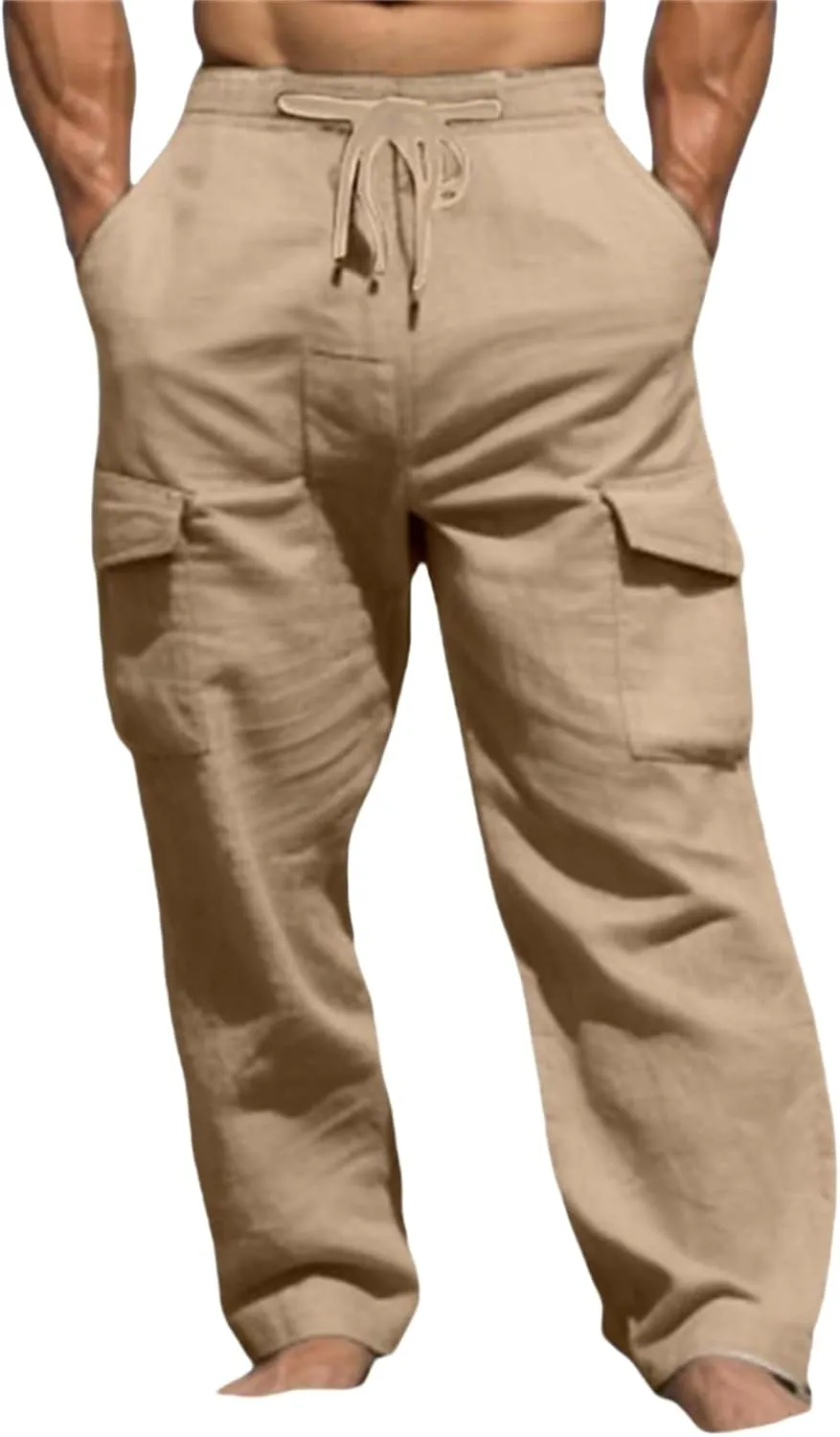 Men's Casual Cargo Pants Elastic Waist Drawstring Baggy Workout Joggers Sweatpants with Side Pockets