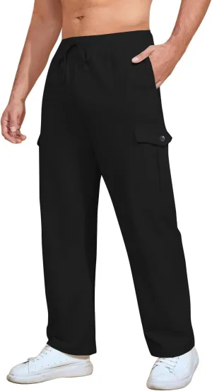 Mens Casual Pants Drawstring Elastic Waist Fleece Baggy Sweatpants Joggers Cargo Straight Leg Trousers with Pockets