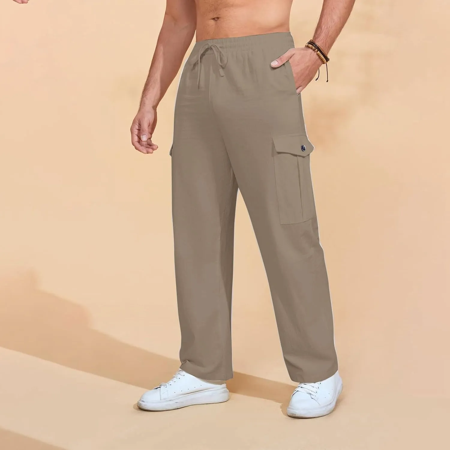 Mens Casual Pants Drawstring Elastic Waist Fleece Baggy Sweatpants Joggers Cargo Straight Leg Trousers with Pockets