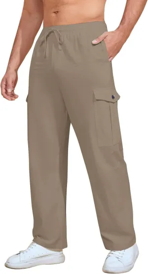 Mens Casual Pants Drawstring Elastic Waist Fleece Baggy Sweatpants Joggers Cargo Straight Leg Trousers with Pockets
