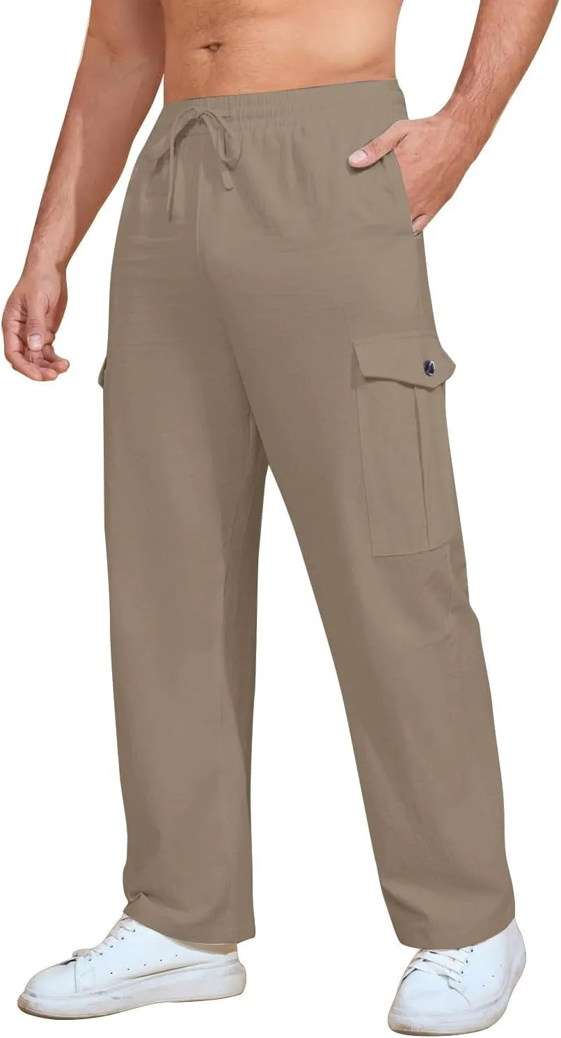 Mens Casual Pants Drawstring Elastic Waist Fleece Baggy Sweatpants Joggers Cargo Straight Leg Trousers with Pockets