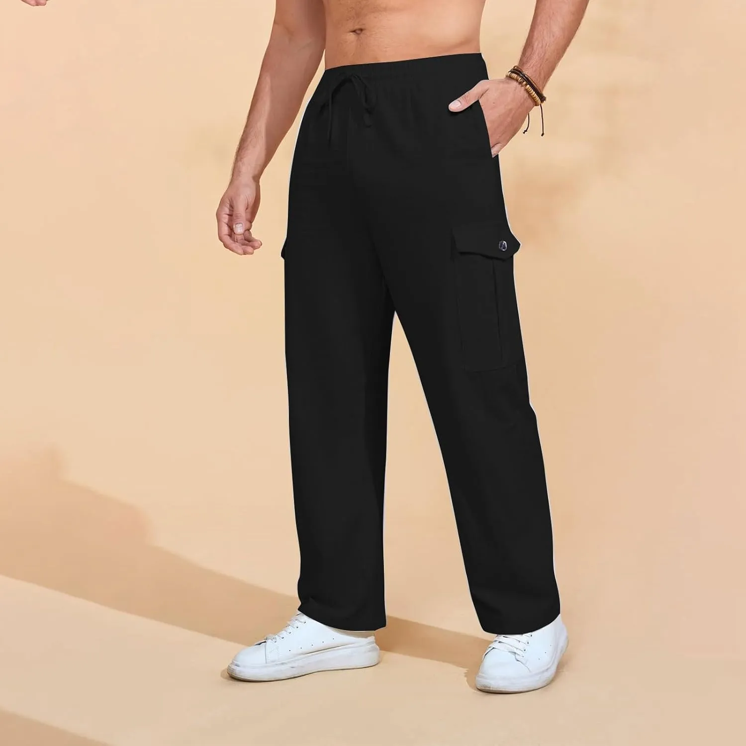 Mens Casual Pants Drawstring Elastic Waist Fleece Baggy Sweatpants Joggers Cargo Straight Leg Trousers with Pockets