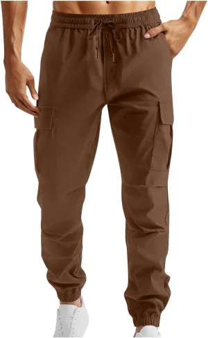 Men's Casual Sweatpants Overalls Elastic Waist Drawstring Multi Pocket Pants Hiking Pants Cotton Twill Pants