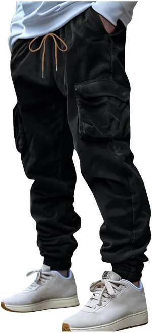 Mens Corduroy Cargo Sweatpants Casual Lightweight Elastic Waist Drawstring Tapered Pant with Pockets