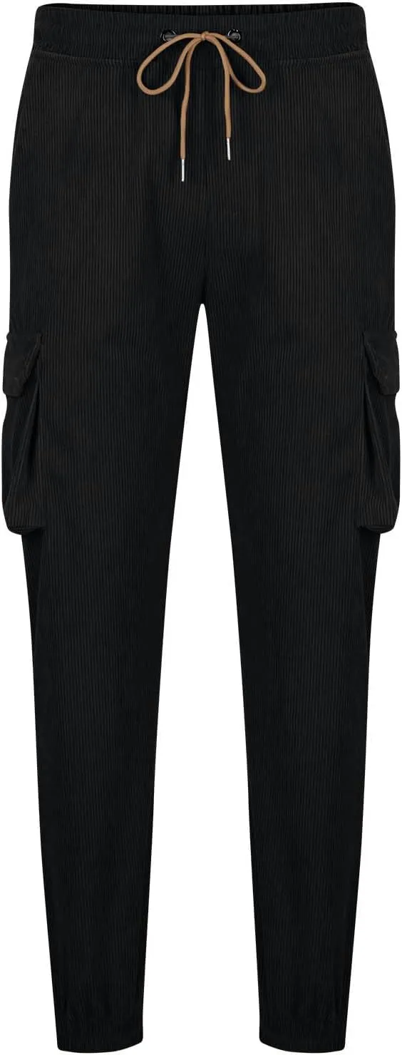 Mens Corduroy Cargo Sweatpants Casual Lightweight Elastic Waist Drawstring Tapered Pant with Pockets