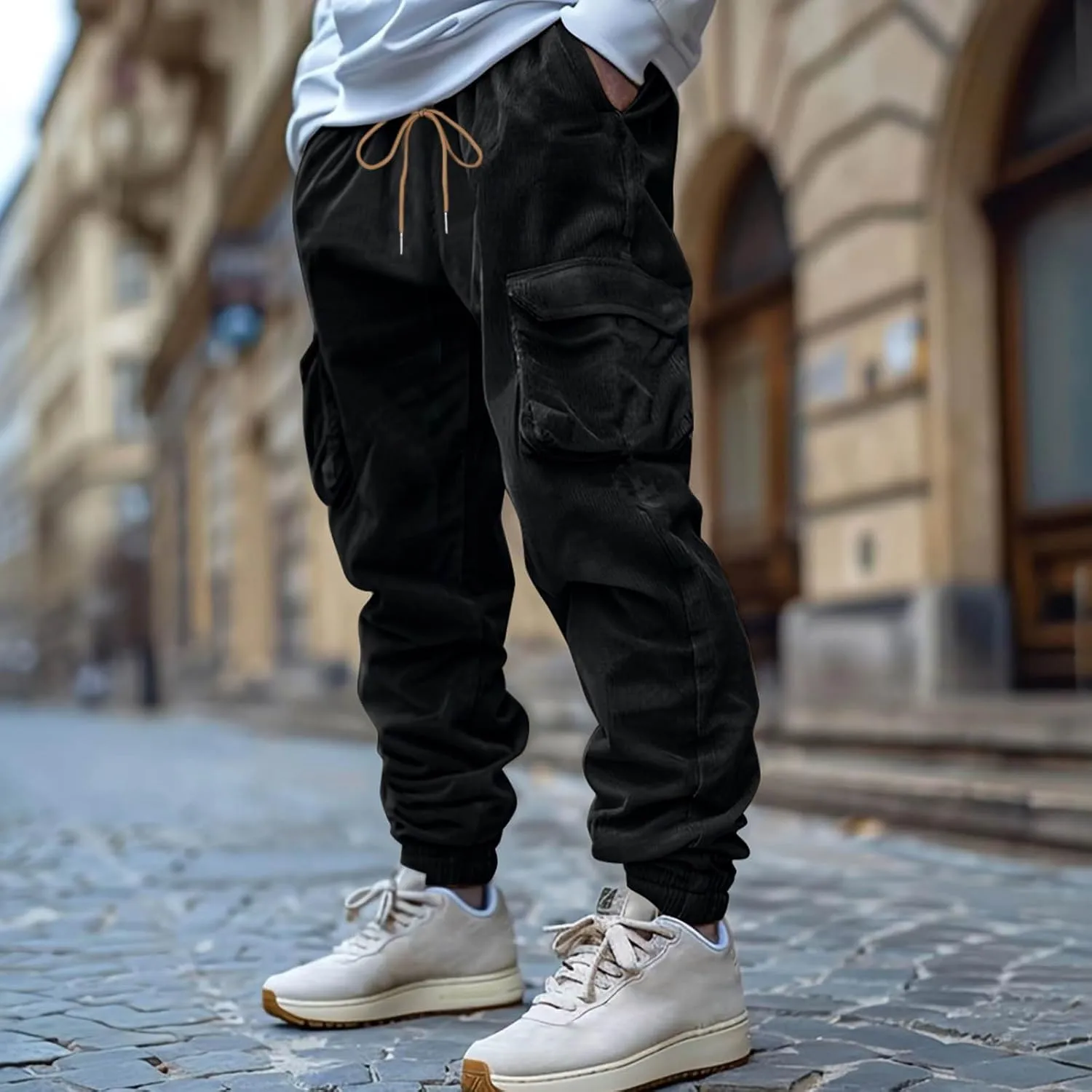 Mens Corduroy Cargo Sweatpants Casual Lightweight Elastic Waist Drawstring Tapered Pant with Pockets