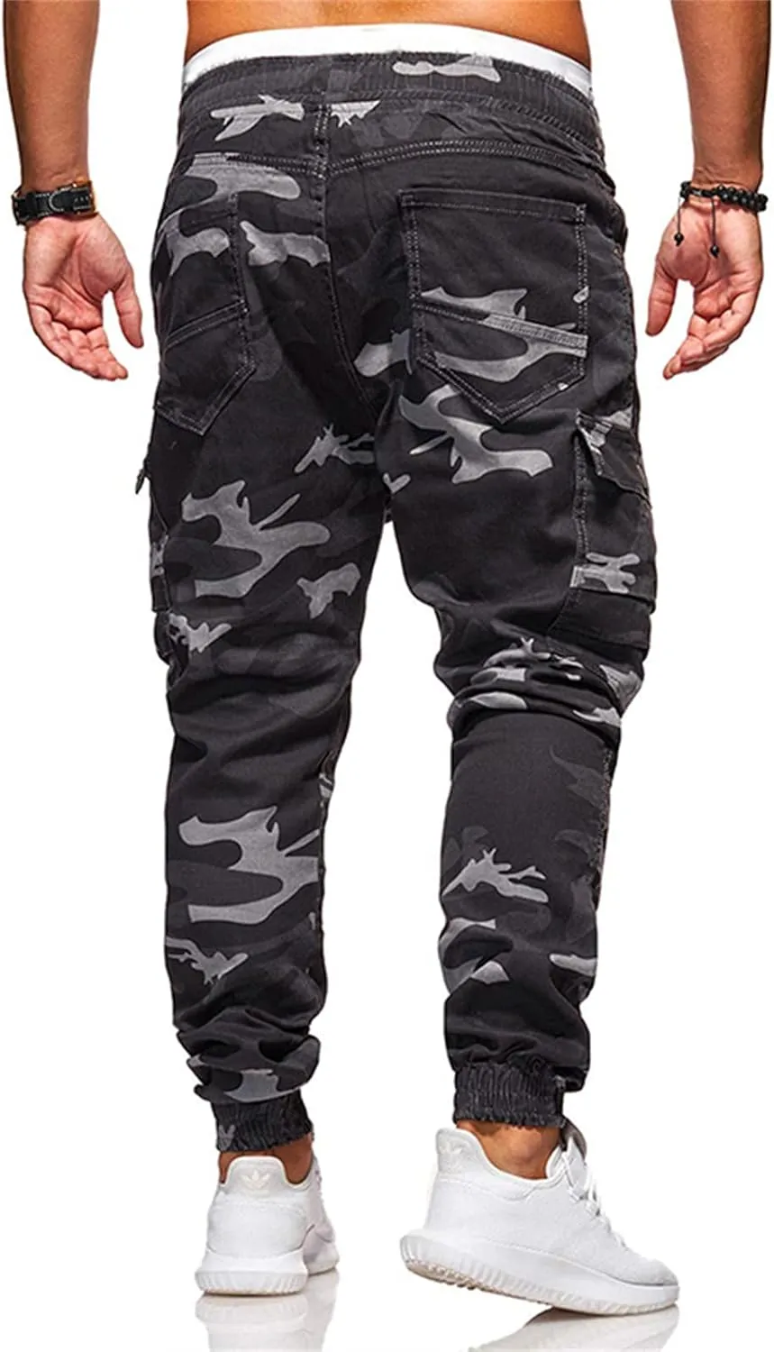 Mens Cotton Camo Cargo Pants Elastic Waist Multi Pockets Cargos Joggers Cinch Bottom Work Pants for Men Relaxed Fit