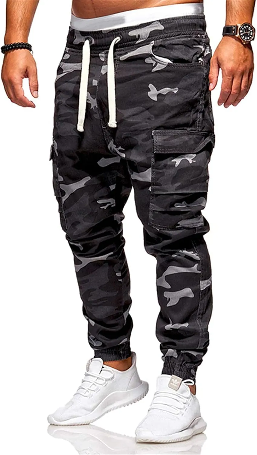 Mens Cotton Camo Cargo Pants Elastic Waist Multi Pockets Cargos Joggers Cinch Bottom Work Pants for Men Relaxed Fit