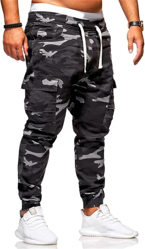 Mens Cotton Camo Cargo Pants Elastic Waist Multi Pockets Cargos Joggers Cinch Bottom Work Pants for Men Relaxed Fit