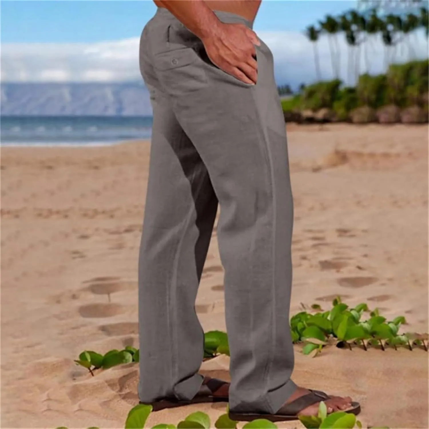 Men's Cotton Linen Pants Solid Color Baggy Trousers Drawstring Stretchy Pants Straight Leg Yoga Trousers for Vacation