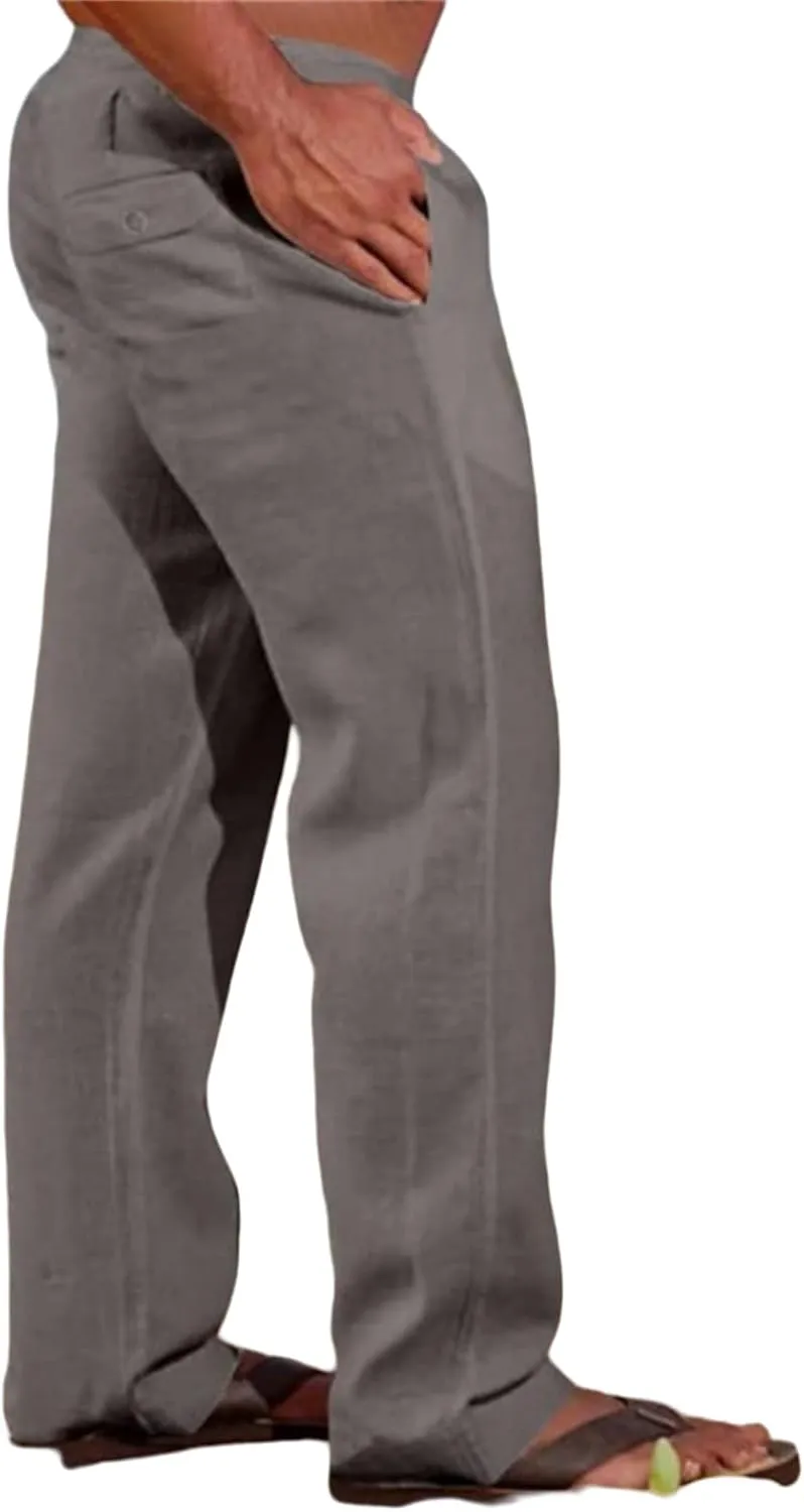Men's Cotton Linen Pants Solid Color Baggy Trousers Drawstring Stretchy Pants Straight Leg Yoga Trousers for Vacation