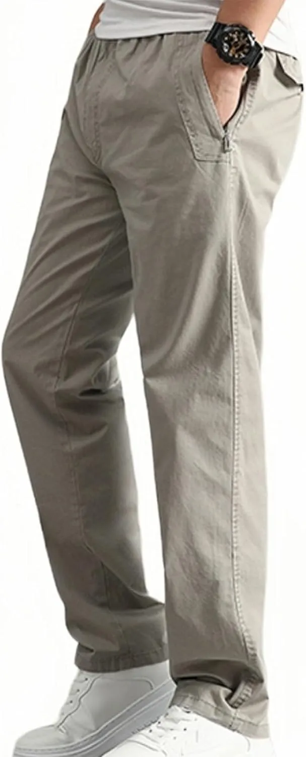 Men's Cotton Stretch Pant Casual Elastic Waist Cargo Hiking Pants Plus Size Slim Straight Legs Work with Pocket