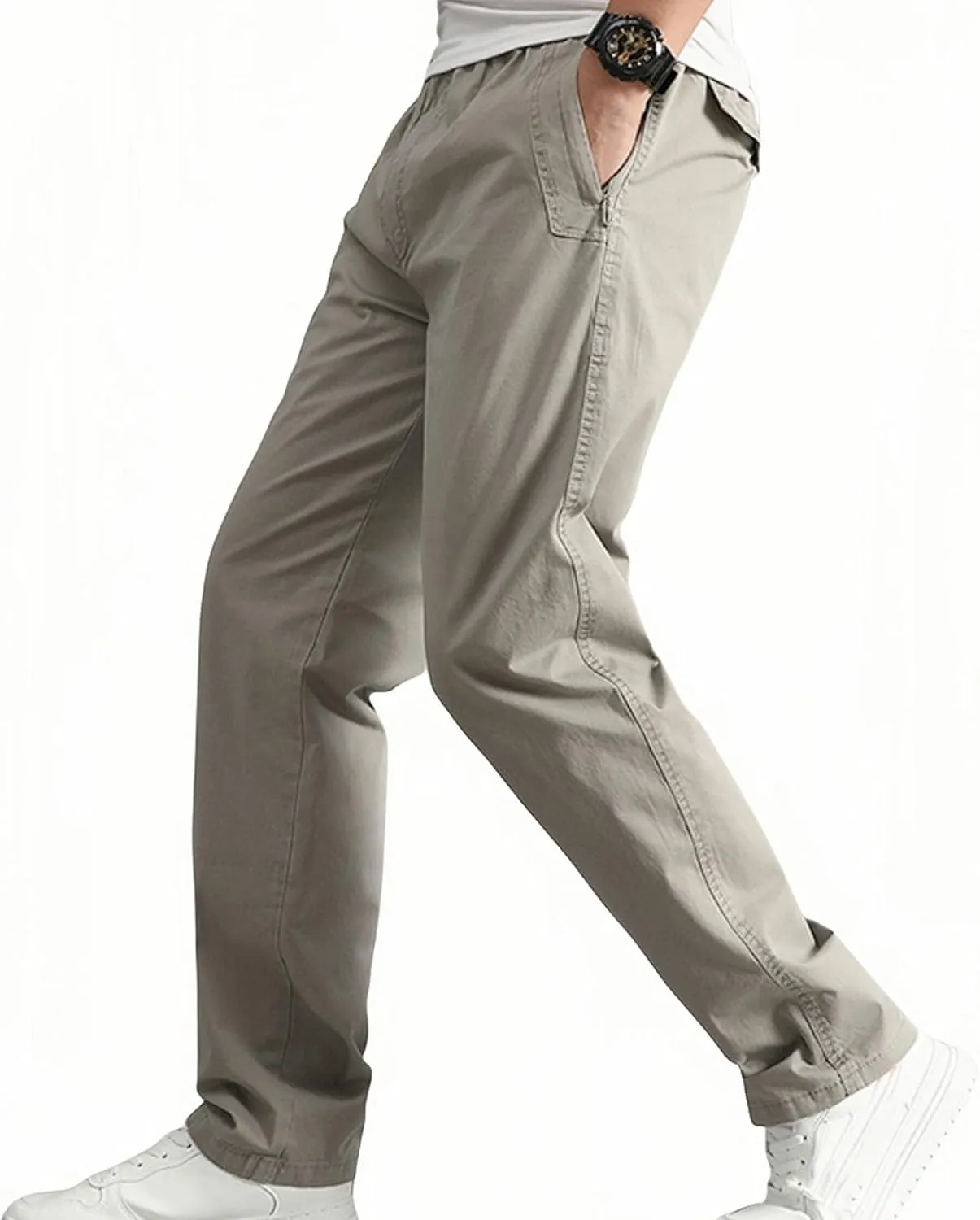 Men's Cotton Stretch Pant Casual Elastic Waist Cargo Hiking Pants Plus Size Slim Straight Legs Work with Pocket