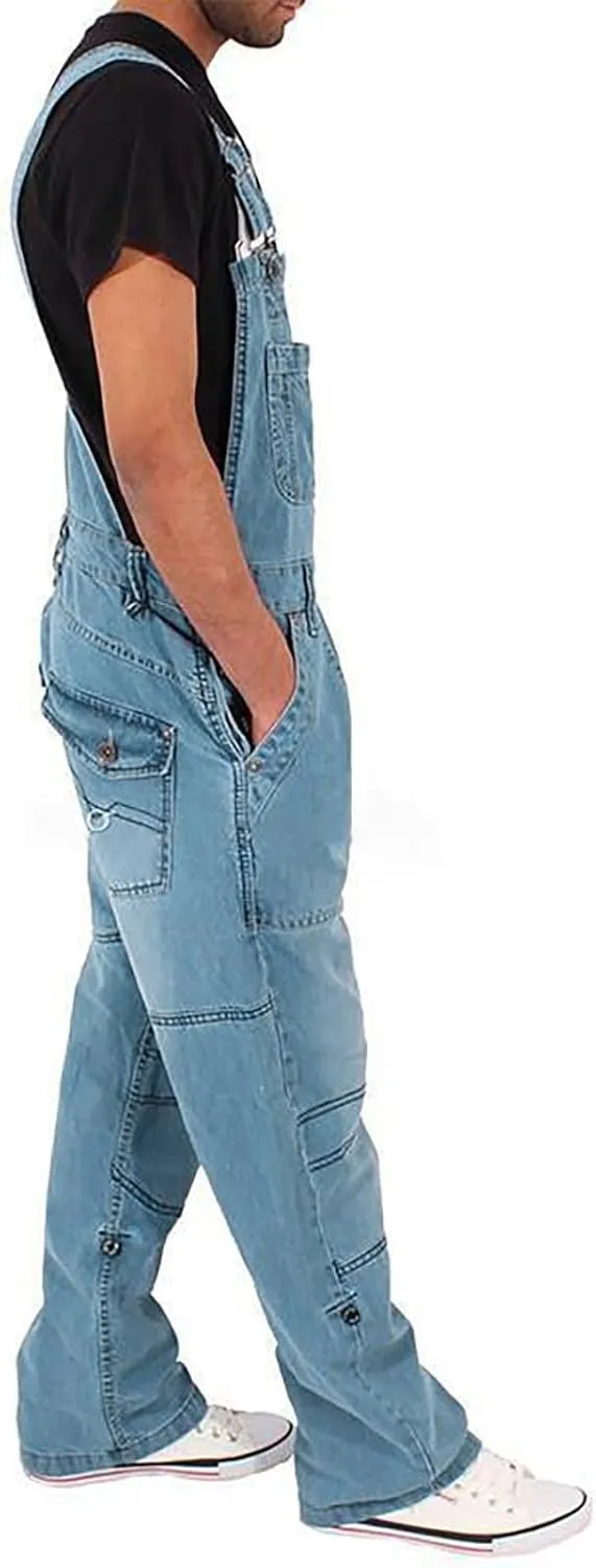 Mens Denim Bib Overalls Relaxed Fit Adjustable Strap Straight Wide Leg Jean Jumpsuits with Pockets Hippie Coveralls