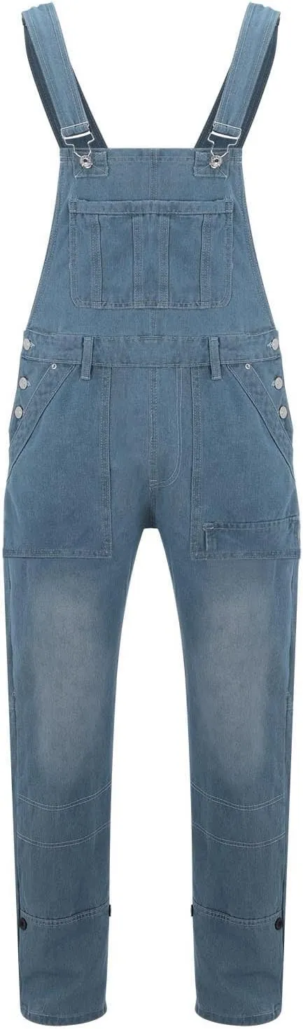 Mens Denim Bib Overalls Relaxed Fit Adjustable Strap Straight Wide Leg Jean Jumpsuits with Pockets Hippie Coveralls