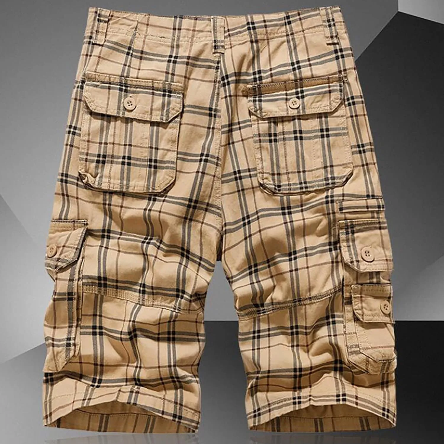 Men's Plaid Cargo Shorts Lightweight Casual Twill Work Shorts with Multi Pockets Loose Fit Military Workout Shorts