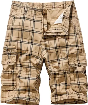 Men's Plaid Cargo Shorts Lightweight Casual Twill Work Shorts with Multi Pockets Loose Fit Military Workout Shorts