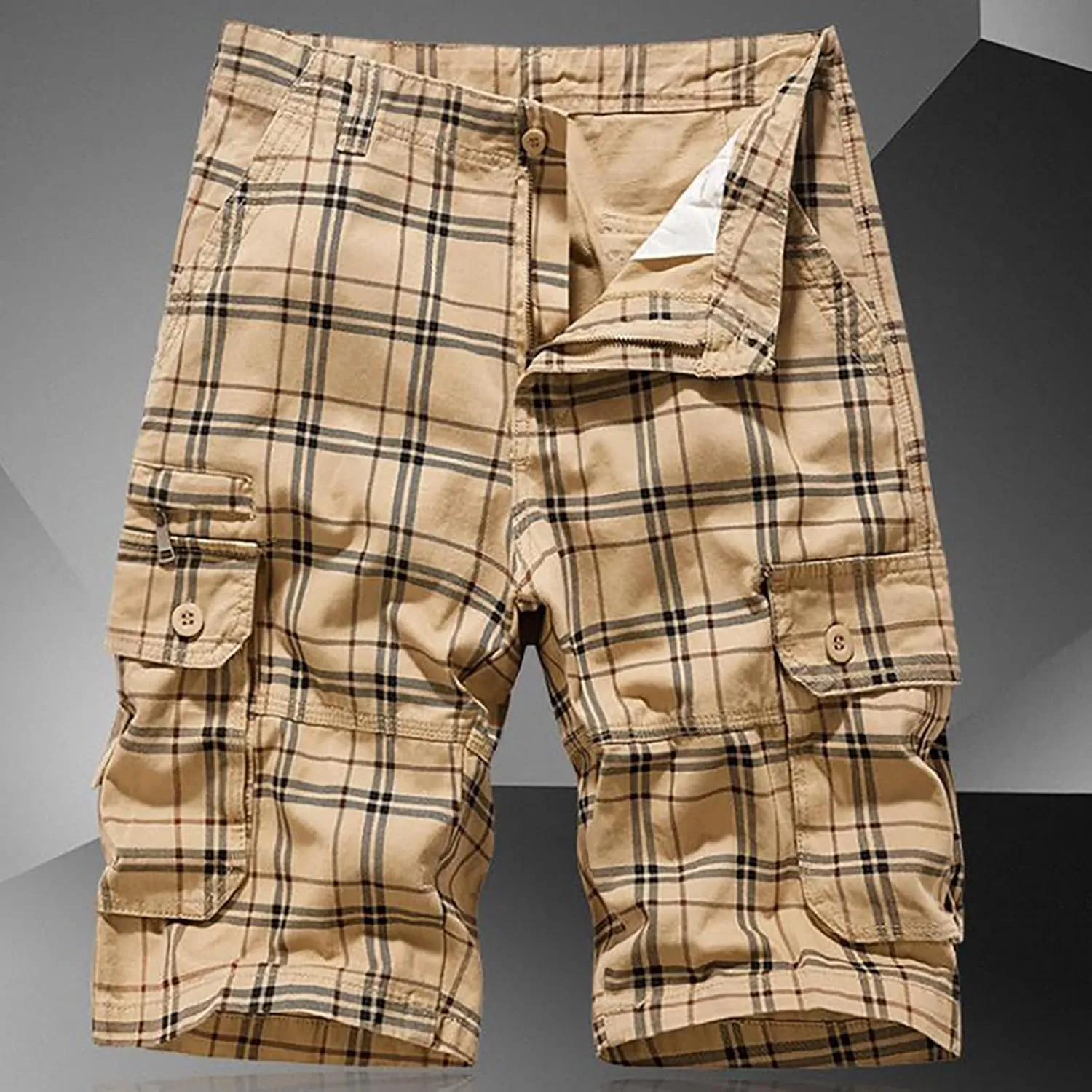 Men's Plaid Cargo Shorts Lightweight Casual Twill Work Shorts with Multi Pockets Loose Fit Military Workout Shorts