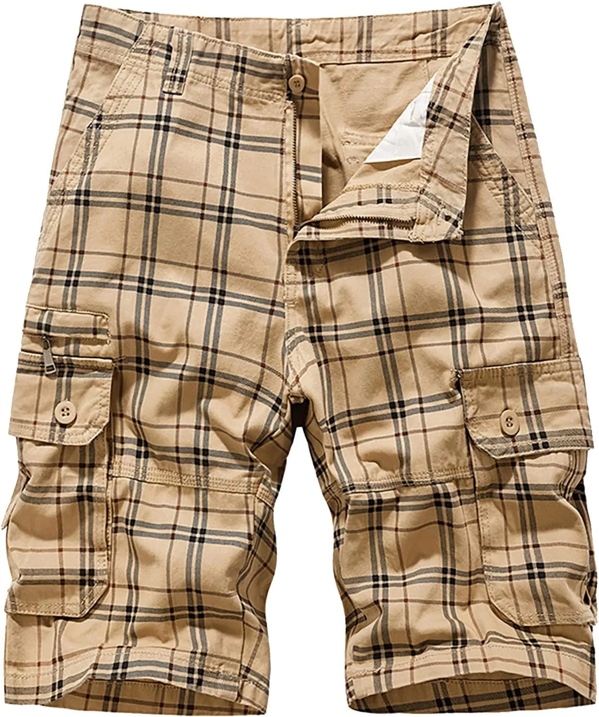 Men's Plaid Cargo Shorts Lightweight Casual Twill Work Shorts with Multi Pockets Loose Fit Military Workout Shorts