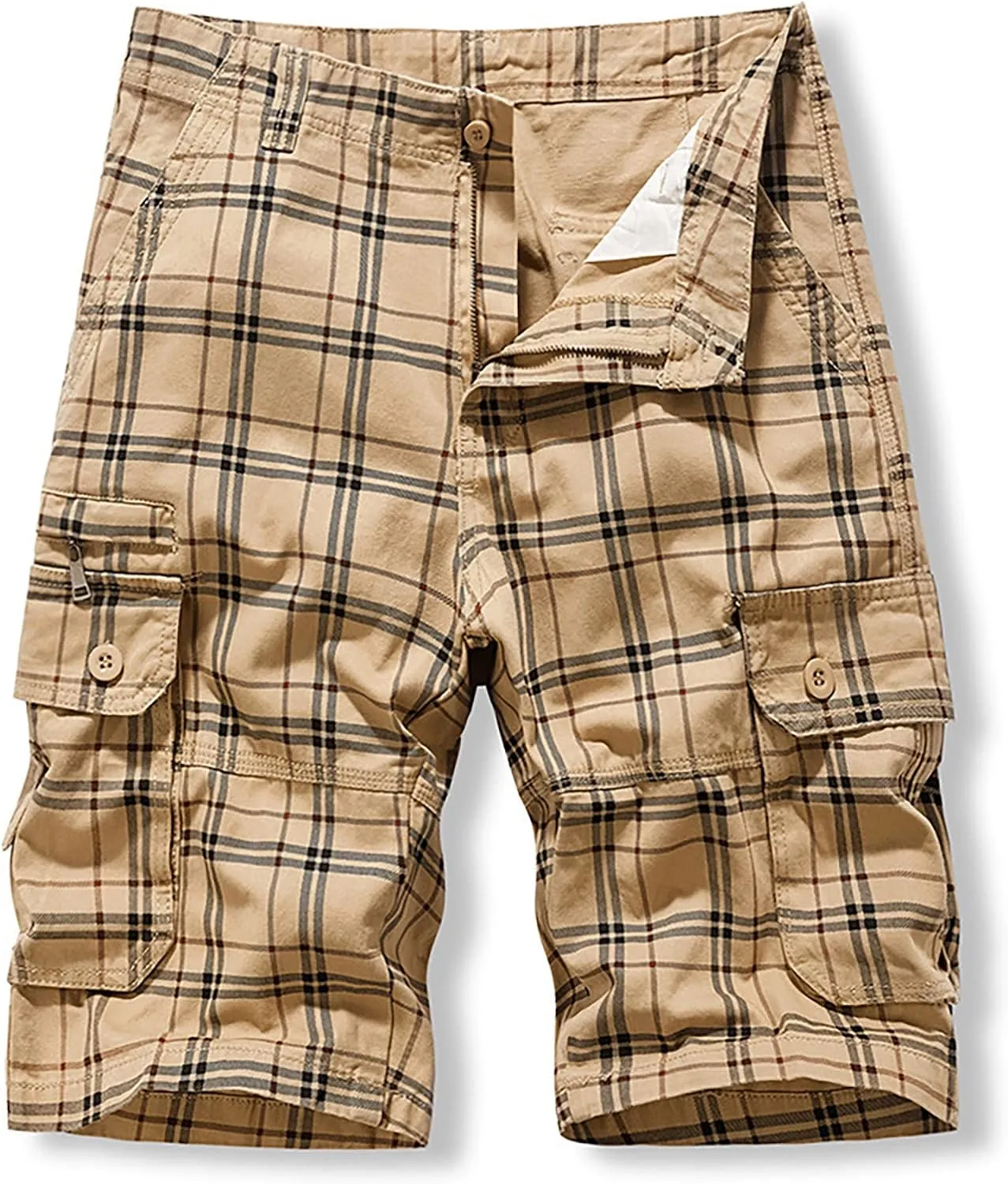 Men's Plaid Cargo Shorts Lightweight Casual Twill Work Shorts with Multi Pockets Loose Fit Military Workout Shorts