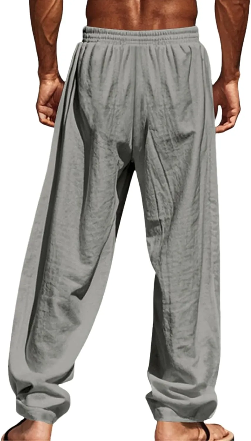 Mens Summer Cotton Linen Pants Lightweight Drawstring Stretch Beach Pant Casual Breathable Yoga Trousers with Pockets