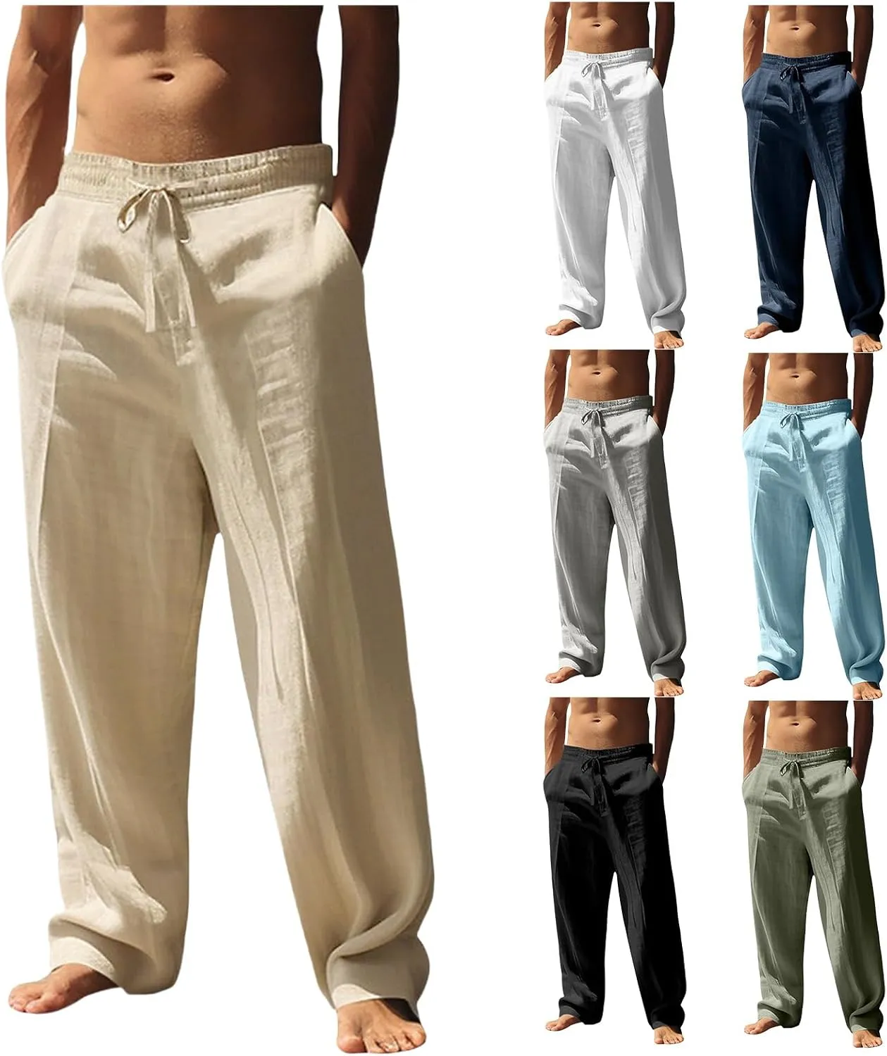 Mens Summer Cotton Linen Pants Lightweight Drawstring Stretch Beach Pant Casual Breathable Yoga Trousers with Pockets