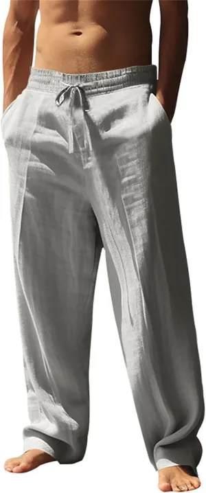 Mens Summer Cotton Linen Pants Lightweight Drawstring Stretch Beach Pant Casual Breathable Yoga Trousers with Pockets