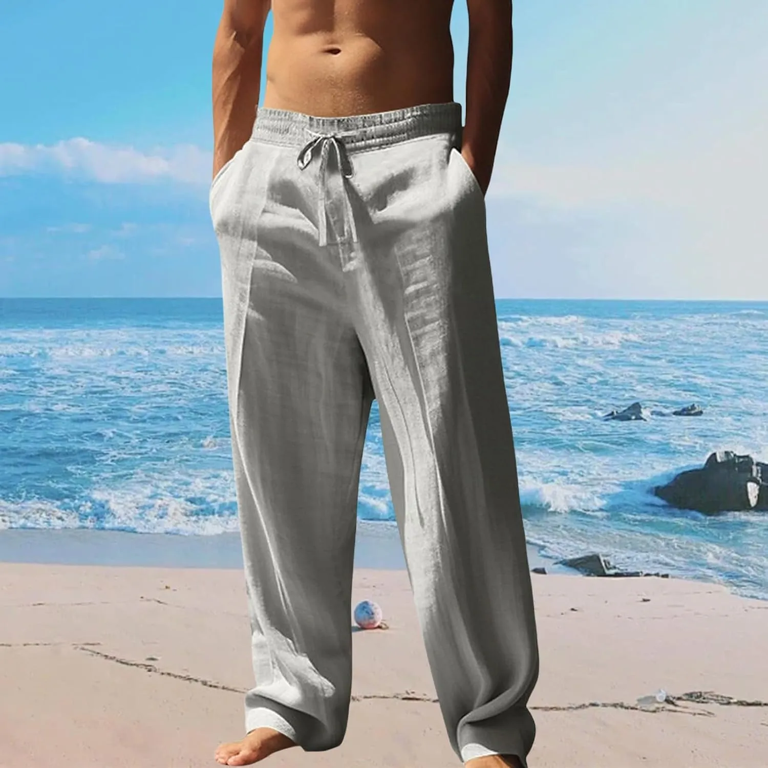 Mens Summer Cotton Linen Pants Lightweight Drawstring Stretch Beach Pant Casual Breathable Yoga Trousers with Pockets