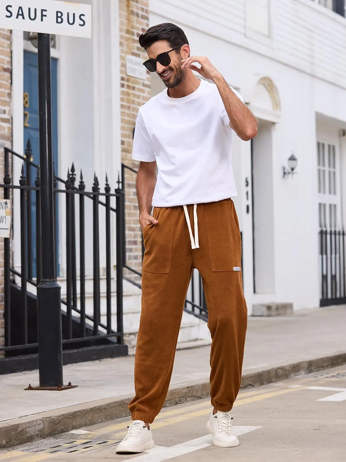Mens Sweatpants Corduroy Joggers Casual Cargo Pants Elastic Waist Drawstring Stretch Tapered Baggy Pants with Pockets