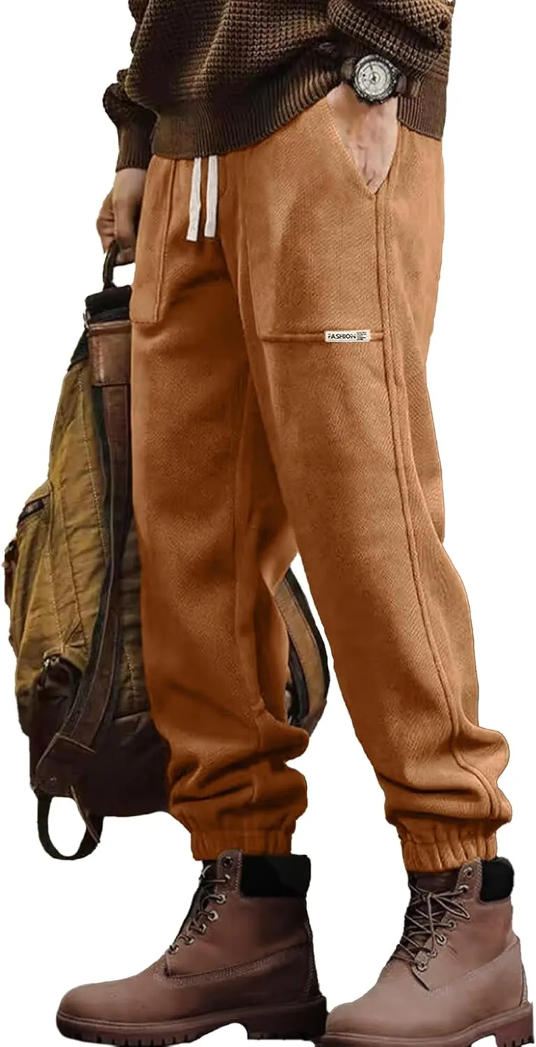 Mens Sweatpants Corduroy Joggers Casual Cargo Pants Elastic Waist Drawstring Stretch Tapered Baggy Pants with Pockets