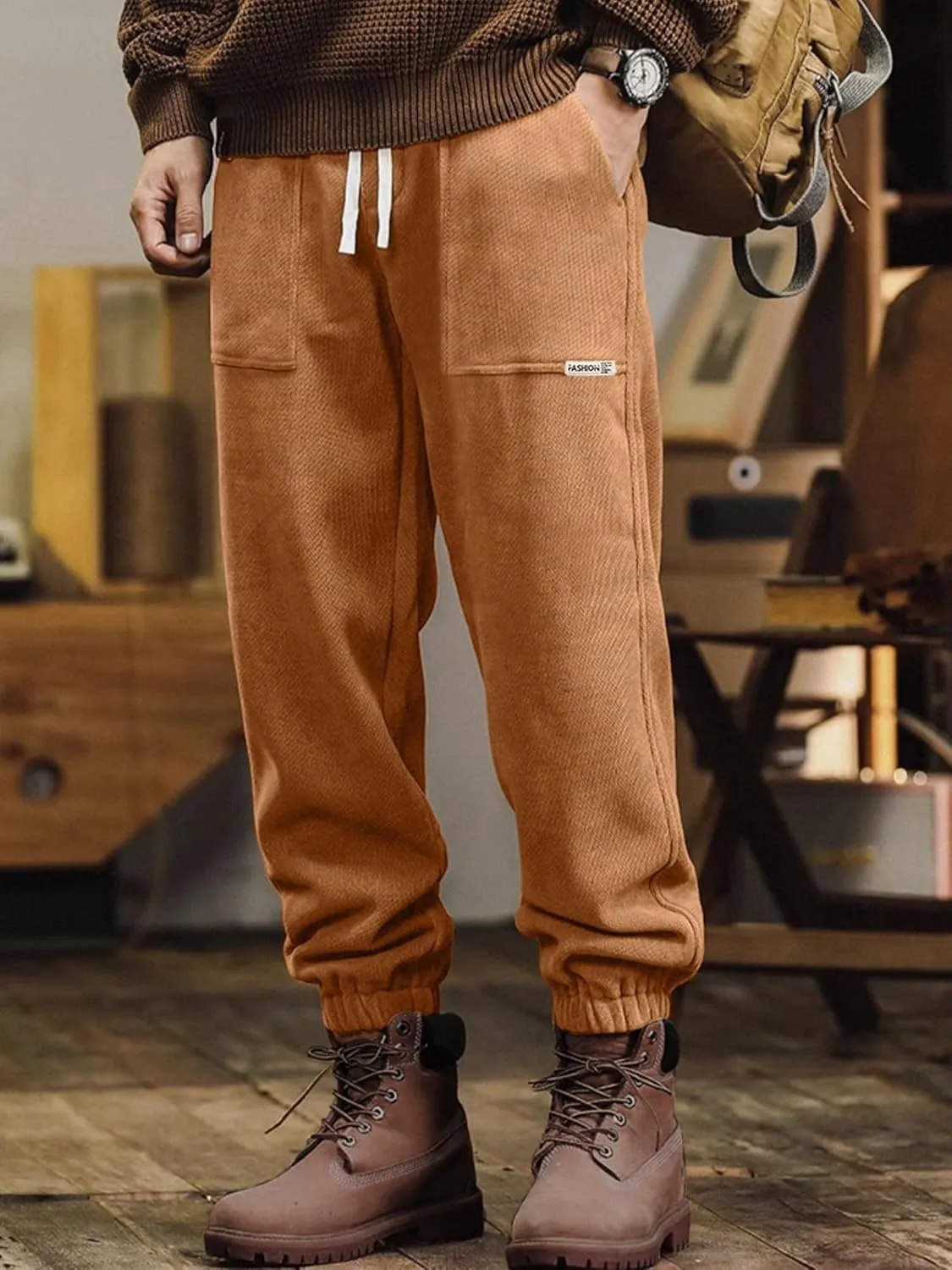 Mens Sweatpants Corduroy Joggers Casual Cargo Pants Elastic Waist Drawstring Stretch Tapered Baggy Pants with Pockets