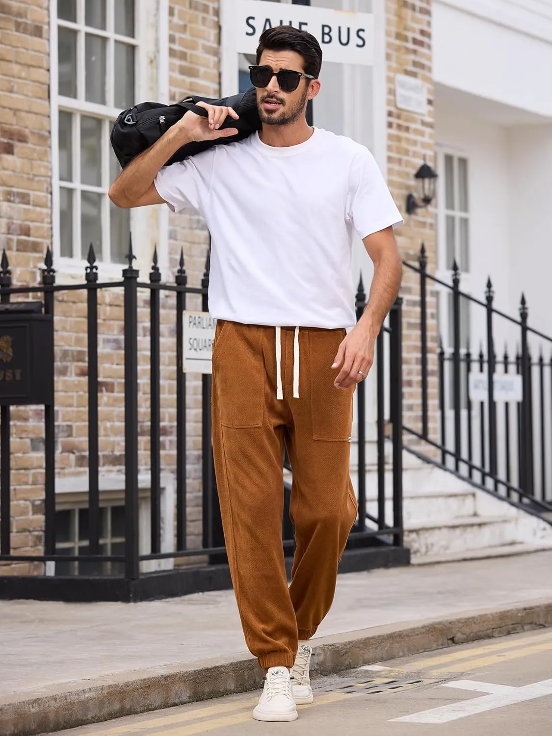 Mens Sweatpants Corduroy Joggers Casual Cargo Pants Elastic Waist Drawstring Stretch Tapered Baggy Pants with Pockets