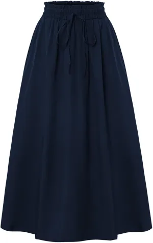 Midi Linen Skirts for Women Summer Drawstring Elastic High Waist Ruffle A-Line Casual Knee Length Skirts with Pockets