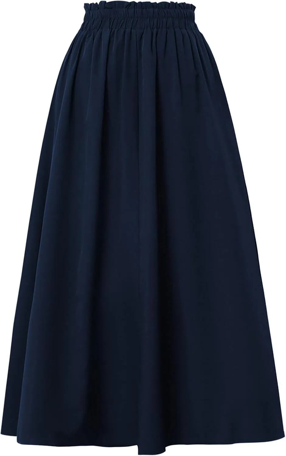 Midi Linen Skirts for Women Summer Drawstring Elastic High Waist Ruffle A-Line Casual Knee Length Skirts with Pockets