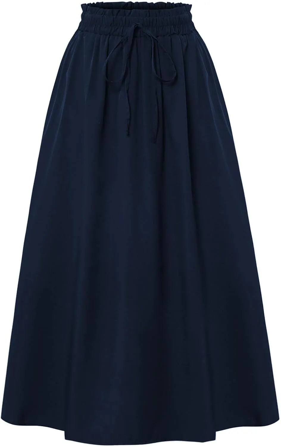Midi Linen Skirts for Women Summer Drawstring Elastic High Waist Ruffle A-Line Casual Knee Length Skirts with Pockets