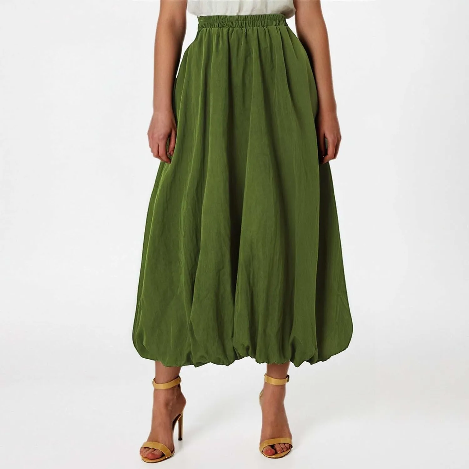 Midi Skirts for Women Flowy High Elastic Waist Tummy Control Loose Solid Color Maxi Skirts for Summer Vacation