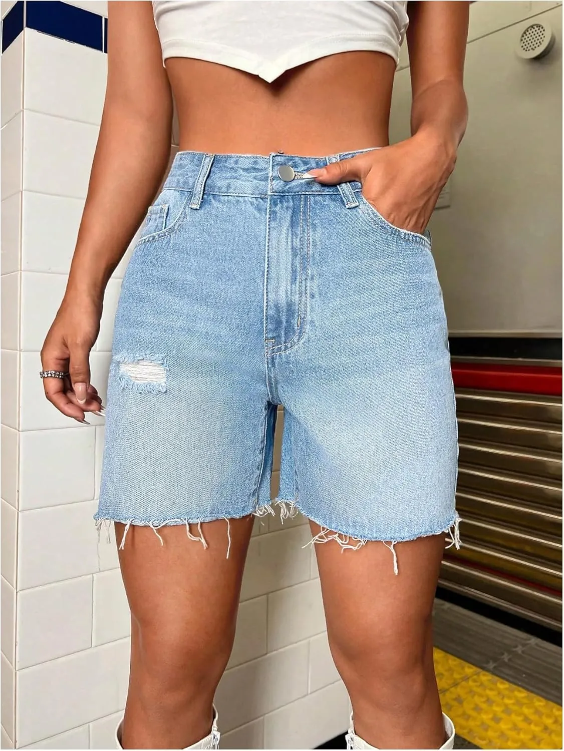 Milumia Women's High Waisted Straight Leg Jean Shorts Raw Hem Denim Shorts