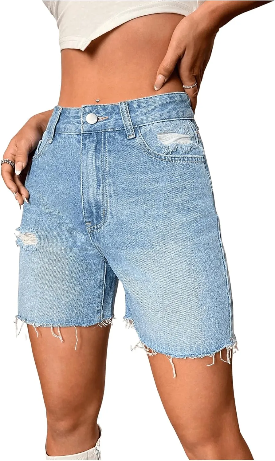Milumia Women's High Waisted Straight Leg Jean Shorts Raw Hem Denim Shorts
