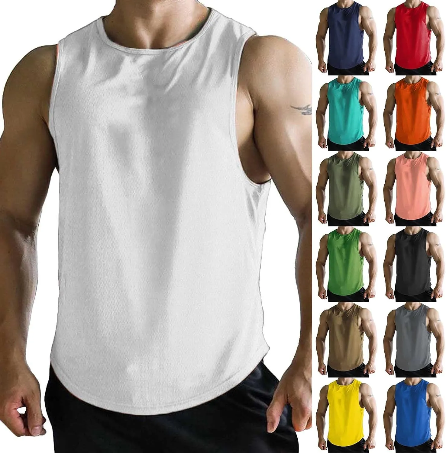 Miyaomn Men's Mesh Athletic Tank Tops Quick Dry Breathable Sleeveless Fitted Muscle T-Shirts Gym Bodybuilding Tees Activewear