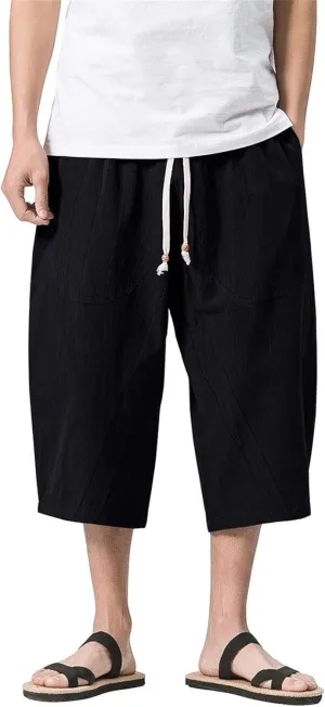 Mmoneyake Mens Linen Harem Capri Pants Loose Fit 3/4 Shorts Drawstring Elastic Waist Beach Yoga Trousers Baggy Wide Leg Pants