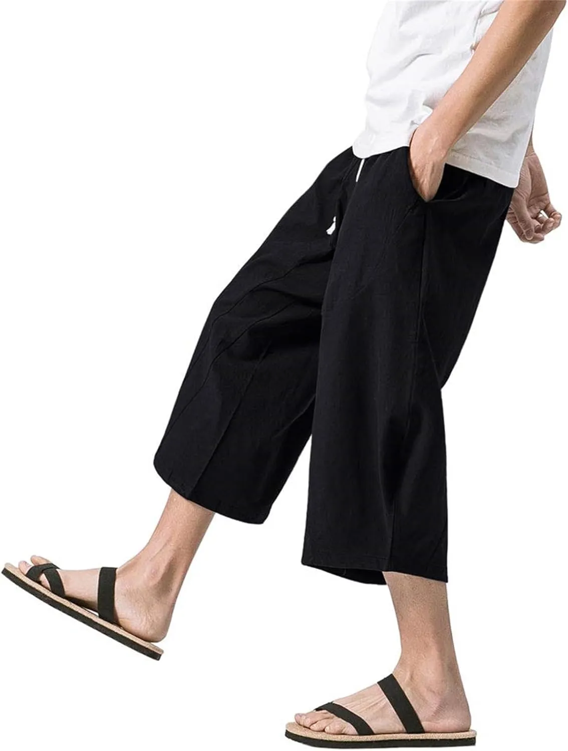 Mmoneyake Mens Linen Harem Capri Pants Loose Fit 3/4 Shorts Drawstring Elastic Waist Beach Yoga Trousers Baggy Wide Leg Pants